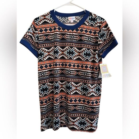 LULAROE Crewneck Ringer T-Shirt Southwestern Aztec Tribal Blue Trim - Picture 1 of 5